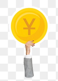 Hand holding png Yen coin clipart, transparent background