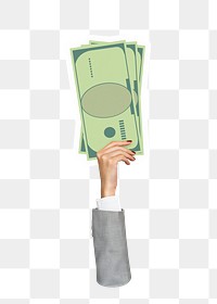 Hand holding png bank note sticker, money graphic, transparent background