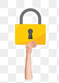 Hand holding png padlock clipart, transparent background