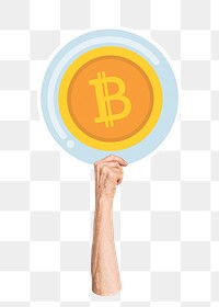 Hand holding png bitcoin sticker, transparent background