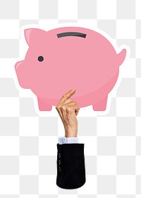 Hand holding png piggy bank clipart, transparent background