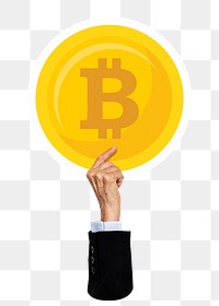 Hand holding png bitcoin sticker, transparent background