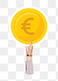 Hand holding png EURO coin clipart, transparent background