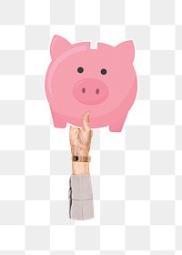 Hand holding png piggy bank clipart, transparent background