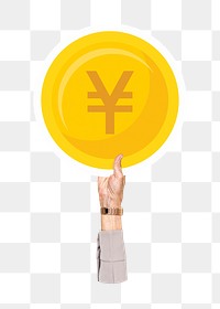 Hand holding png Yen coin clipart, transparent background
