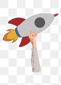 Hand holding png rocket sticker, transparent background