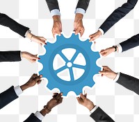 Hands holding png cogwheel sticker, transparent background