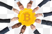 Hands holding png bitcoin sticker, transparent background