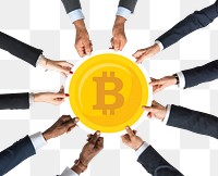 Hands holding png bitcoin sticker, transparent background