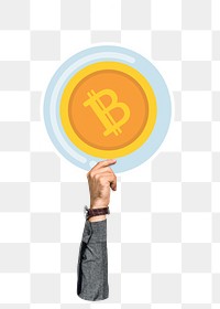 Hand holding png bitcoin sticker, transparent background