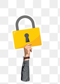 Hand holding png padlock clipart, transparent background