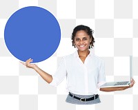 Businesswoman holding round board png element, transparent background