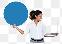 Businesswoman holding round board png element, transparent background