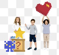 Retro pixilated gaming icons png, transparent background