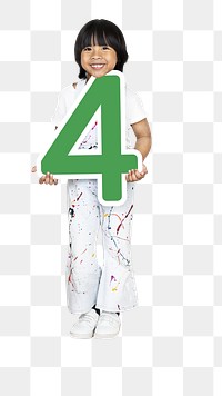 Png kid holding number four, transparent background