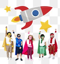 Young superheroes with  rocket png, transparent background