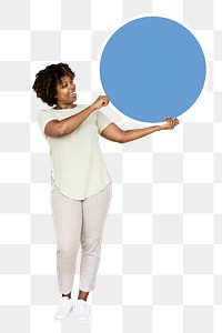 Happy woman holding sign png element, transparent background