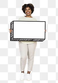 Happy woman holding sign png element, transparent background