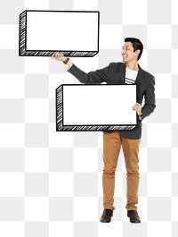 Asian man holding sign png element, transparent background