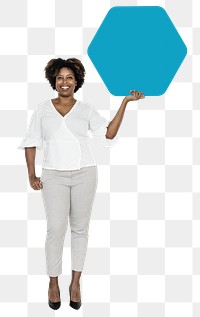 Happy woman holding sign png element, transparent background