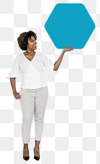 Happy woman holding sign png element, transparent background