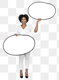 Woman holding blank sign png element, transparent background