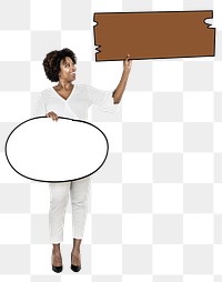 Woman holding blank sign png element, transparent background