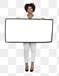 Woman holding blank sign png element, transparent background