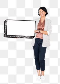 Woman holding sign png element, transparent background