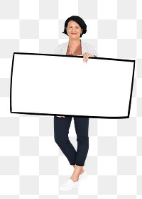 Woman holding sign png element, transparent background