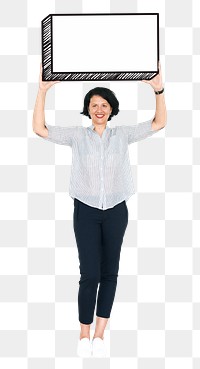 Woman holding sign png element, transparent background