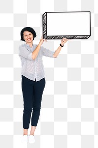 Woman holding sign png element, transparent background