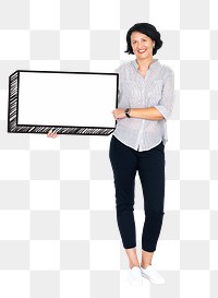 Woman holding sign png element, transparent background