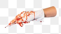 Png Bloody gloved hand holding scalpel, transparent background