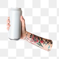 Png hand holding white aluminum can, transparent background