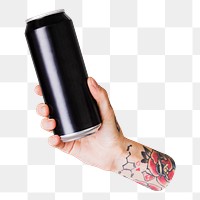 Png hand holding black aluminum can, transparent background