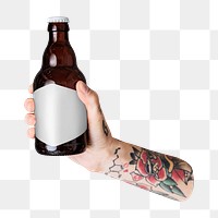 Png tattooed hand holding glass bottle, transparent background