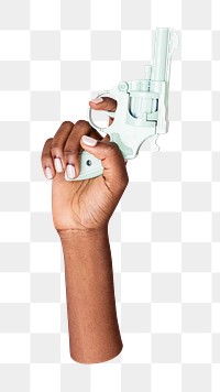 Png hand holding gun, transparent background