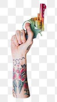 Hand holding gun png element, transparent background