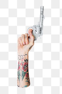 Png hand holding gun, transparent background