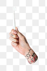 Png hand holding toothbrush, transparent background