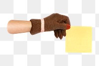 Png gloved hand holding sticky note, transparent background