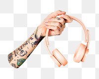 PNG Tattooed arm holding pink headphones, collage element, transparent background