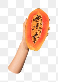 Png hand showing ripe papaya, transparent background