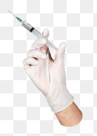 Gloveed hand png holding syringe, transparent background