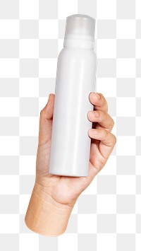 White spray bottle png in hand, transparent background