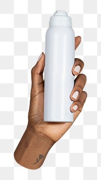 White spray bottle png in black hand, transparent background