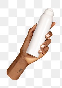 White spray bottle png in black hand, transparent background