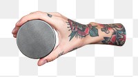 Tattooed hand png holding face cream jar, transparent background