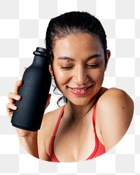 Sporty woman png holding black bottle,  transparent background